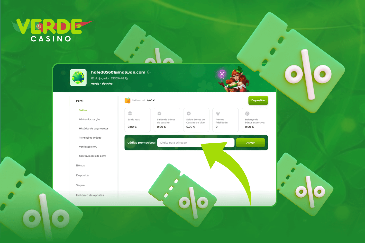 Passos para ativar um código de bónus no Verde Casino em Portugal